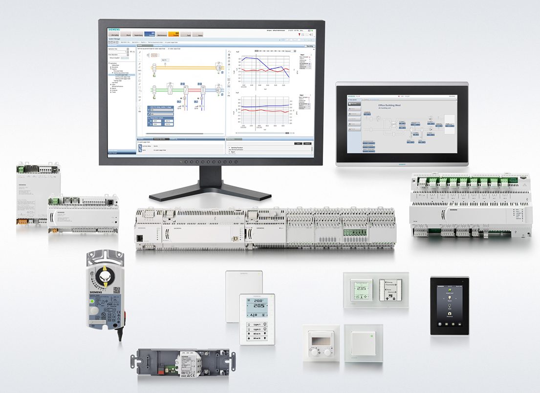 The latest version of the Desigo building automation system from Siemens includes many new components. Desigo Control Point makes the handling of a building even more user-friendly, and thanks to the new PX Compact Controller with island bus, more data points can be covered. In addition, room automation has been expanded with new application types for heat pumps as well as in the field of air regulation, especially for clean rooms and laboratories. Cost-optimized room operator units, a KNX-PL link light dimmer and a new KNX PL-Link rotary actuator designed for use with 6-way ball valves complete the portfolio of the new Desigo version.
Die neuste Version des Siemens-Gebäudemanagementsystems Desigo enthält zahlreiche neue Komponenten. Mit Desigo Control Point können Gebäude nun noch benutzerfreundlicher bedient werden und dank eines neuen Kompaktreglers mit Island-Bus ist es möglich, mehr Datenpunkte zu bedienen. Auch die Raumautomation wurde im Bereich Luftregelung speziell für Reinräume und Labore sowie mit neuen Anwendungen für Wärmepumpen weiterentwickelt. Kostenoptimierte Raumbedieneinheiten, ein Dimmer mit KNX-PL- Link-Anbindung sowie ein neuer Stellantrieb mit KNX-PL-Link speziell für 6-Weg-Regelkugelhähne runden das Portfolio der neusten Desigo-Version ab.